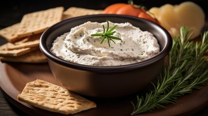 The lens captures a closeup of a creamy and smooth bean dip spread on a piece of crusty bread. The dip, made from pureed beans, is delicately seasoned with herbs and es, offering a harmonious