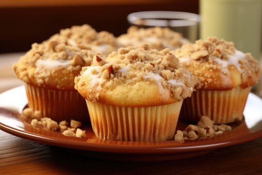 A plate of freshly baked, fluffy muffins steals the spotlight in this shot, but its the generous serving of cashew streusel topping that adds a tantalizing sweetness and nutty flavor.