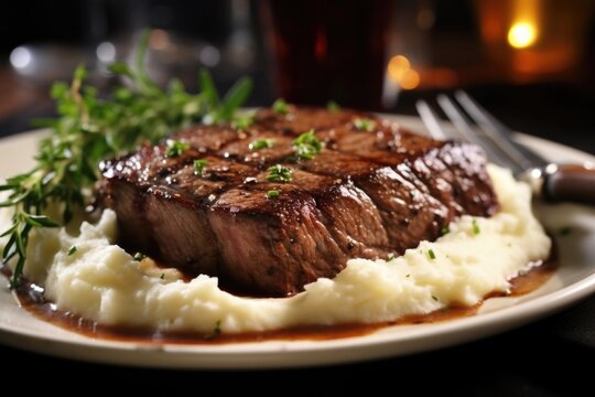 A rich and inviting image of a lightly seared succulent steak, glistening as it rests on a bed of creamy mashed potatoes, adorned with a sprinkle of finely chopped thyme leaves, bringing