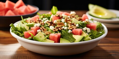 A refreshing bowl featuring a bed of crisp romaine lettuce, accompanied by delicate watermelon cubes, crunchy jicama strips, and candied walnuts. Tossed in a zesty citrus dressing that brings