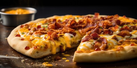A mouthwatering shot of a breakfastinspired pizza, where a fluffy, golden brown crust is lavishly...