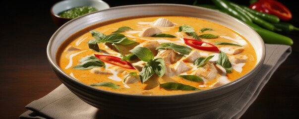 Experience a burst of flavors with this exotic Thai curry soup, infused with fragrant lerass, creamy coconut milk, and fiery red curry paste, along with tender bites of chicken, vibrant