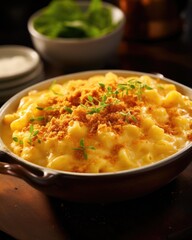 This shot showcases a bowl of rich and velvety macaroni and cheese. The pasta is coated in a thick, golden cheese sauce, topped with a generous sprinkle of crispy breadcrumbs that add both