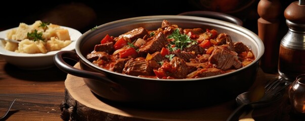Captured from above, this enticing shot showcases a bowl of goulash in all its rustic glory. Tender morsels of beef intermingle with caramelized onions and vibrant paprika, creating a savory