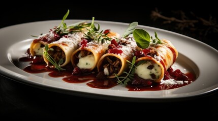 This visually stunning shot portrays a gourmet interpretation of cannelloni, with each pasta roll delicately stuffed with tender braised duck meat, aromatic sage, and a dollop of creamy