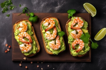 Open sandwiches with avocado pate and shrimps, top view. Generative AI