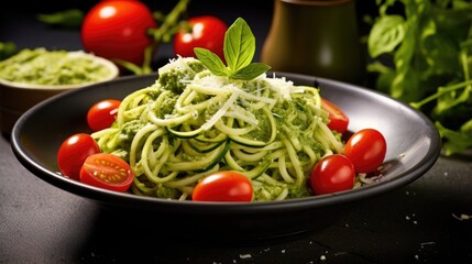 A visually pleasing image showcasing a bowl b with colorful, spiralized zucchini noodles, tossed with a creamy pesto sauce, and garnished with a handful of cherry tomatoes, shaved Parmesan