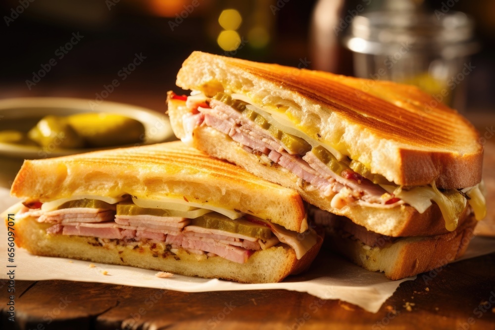 Wall mural a classic cuban sandwich, layered with thinly sliced roasted pork, savory ham, swiss cheese, tangy p