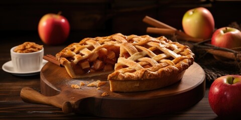 P on a rustic wooden backdrop, a miniature apple pie makes a charming and tempting subject. The lattice work adorning the crust showcases the bakers skill, with each strip woven exquisitely