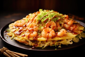 Fototapeta premium A platter of okonomiyaki, a savory pancake, sizzles enticingly with layers of shredded cabbage, freshly caught shrimp, smoky bacon, and spring onions, all bound together with a light batter