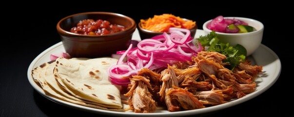 A flavorful platter of cochinita pibil, consisting of slowroasted pulled pork, marinated with a tangy blend of citrus juices and achiote paste, resulting in meltinyourmouth tenderness, served
