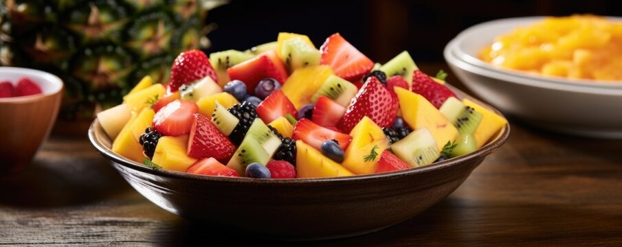 A symphony of tropical delights, a colorful bowl of ensalada de frutas showcases an array of vibrant, juicy fruits such as pineapple, mango, watermelon, and papaya, harmoniously combined
