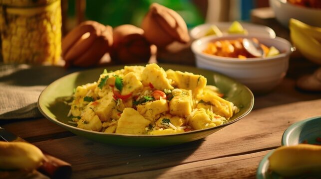 A traditional Jamaican breakfast dish called ackee and saltfish, showcasing the bright yellow ackee fruit simmered with savory chunks of salted codfish. Accompanied by fried dumplings and