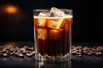 A Nitro cold brew, elegantly presented in a crystalclear glass, showcases a perfect balance of darkness and light. The rich coffee underneath harmonizes beautifully with the velvety creaminess