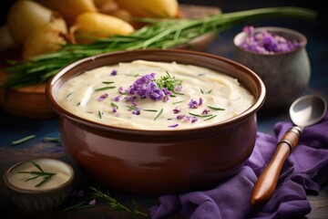 A bowl of creamy lavenderinfused potato soup, velvety and comforting, with the floral hints of lavender seamlessly incorporated into the savory flavors, providing a unique and unexpected