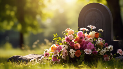 Cemetery, tombstone with flowers, sunny summer day, green grass. Bright memory, sadness, funeral and burial ceremony.