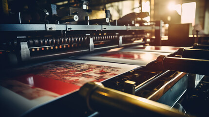 Close-up of a press printing machine in operation of printing in color. Printing house, publishing industry. 