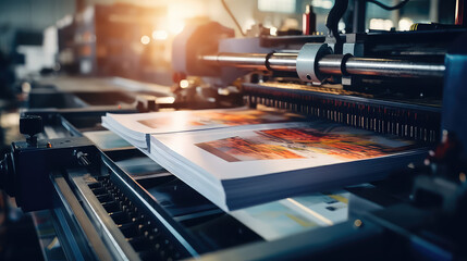 Close-up of a press printing machine in operation of printing in color. Printing house, publishing industry. 