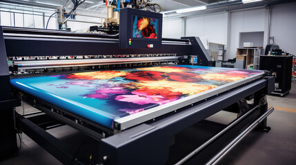 Close-up of a press printing machine in operation of printing in color. Printing house, publishing industry. 