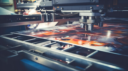 Close-up of a press printing machine in operation of printing in color. Printing house, publishing industry. 