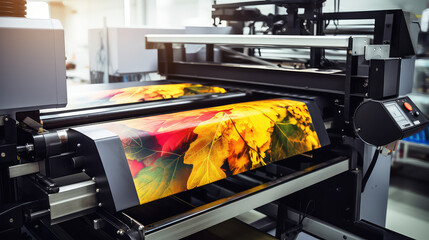 Close-up of a press printing machine in operation of printing in color. Printing house, publishing industry. 