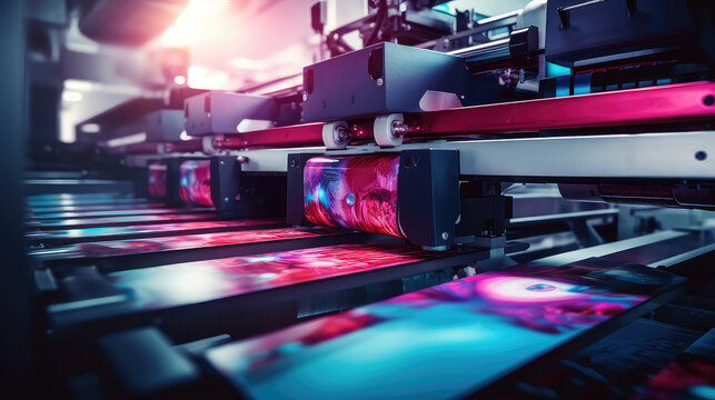 Close-up of a press printing machine in operation of printing in color. Printing house, publishing industry. 