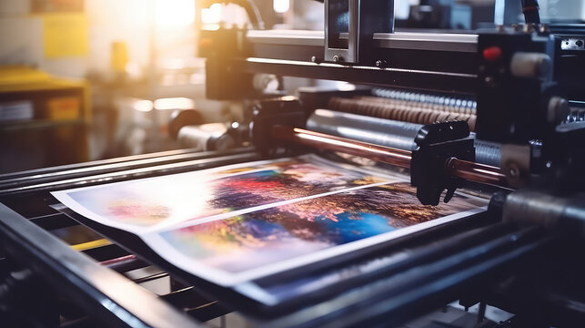 Close-up of a press printing machine in operation of printing in color. Printing house, publishing industry. 