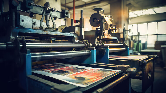 Close-up of a press printing machine in operation of printing in color. Printing house, publishing industry. 
