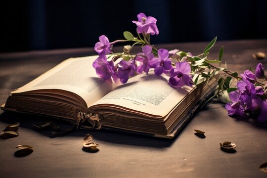 vintage book open on table with purple callas flowers Generative Ai