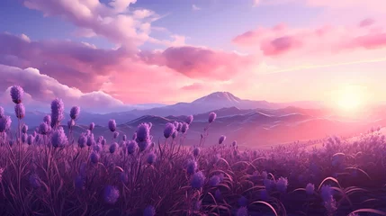 Fotobehang A digital artwork that blends a photograph of a field of lavender with a dreamy, ethereal filter. (Generative AI)  © FEROHORA