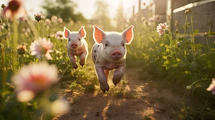 Fotobehang Adorable little pigs running happily. Cute puppies. © Jacques Evangelista