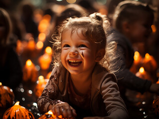 Close up of laughing girl on halloween holiday at night