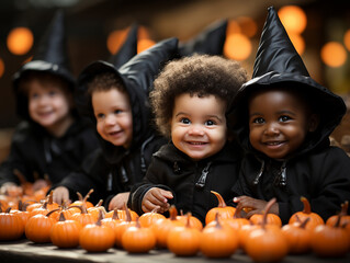 A group of laughing children in witch costumes on Halloween