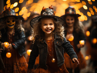 A group of laughing children in witch costumes on Halloween at night