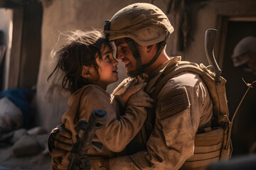 A soldier hugging a child in a war torn village, apocalyptic, civil war, war zone, Consequences of the war