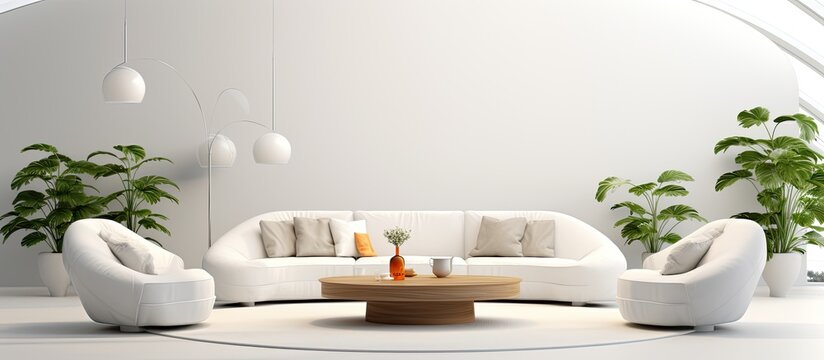 Modern white walled living room with a circular ceiling depicted in 3D