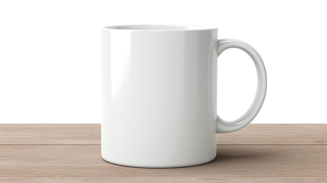 white blank mug on wooden table template mockup