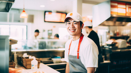 Fototapeta na wymiar Asiatic man working at a fast food shop