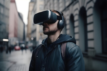 A Young man wearing virtual reality headset in the city, exploring the city, urban, VR, future, gadgets, technology, education online, studying, video game concept