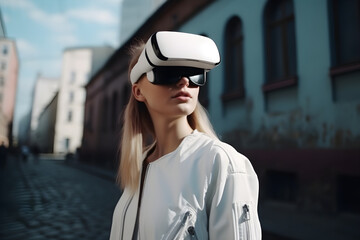 A Young woman wearing virtual reality headset in the city, exploring the city, urban, VR, future, gadgets, technology, education online, studying, video game concept