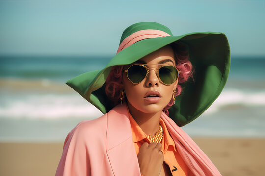 Women at the beach in sunglasses and hat.
