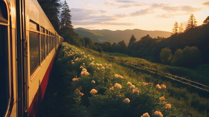 train in the morning with beauty scenery mountain - obrazy, fototapety, plakaty