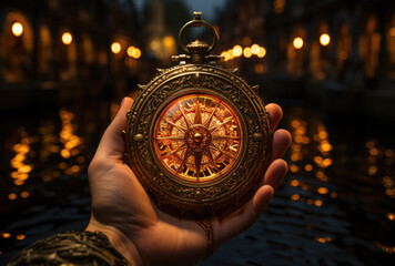 Fantasy compass, magic artifact helps to find the way, leads us to a science-fiction world at night - obrazy, fototapety, plakaty