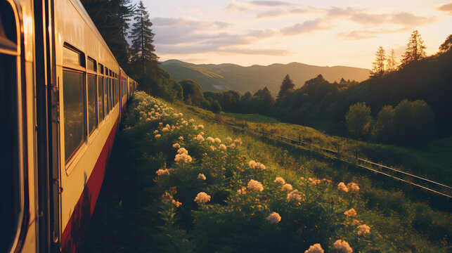 train in the morning with beauty scenery mountain