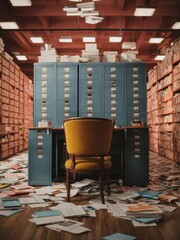 Desk with a centered chair in a filing room with many sheets and notebooks on the floor in a state of considerable disorder.