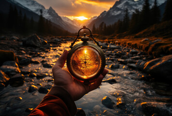 Man holds in hand fantasy compass, magic artifact on background of science-fiction world with sunset, river with stones, mountains and wood - obrazy, fototapety, plakaty