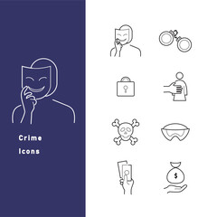 犯罪・司法・警察に関するモチーフのラインアイコンセット - obrazy, fototapety, plakaty