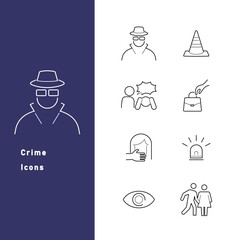 犯罪・司法・警察に関するモチーフのラインアイコンセット