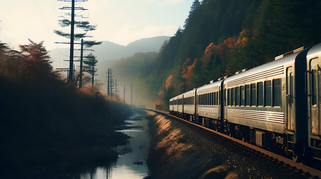 train in the morning with beauty river and mountain scenery