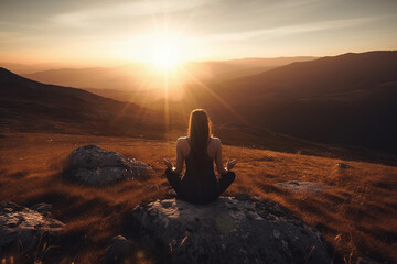 Woman meditating in lotus pose on cliff overlooking mountains Generative Ai